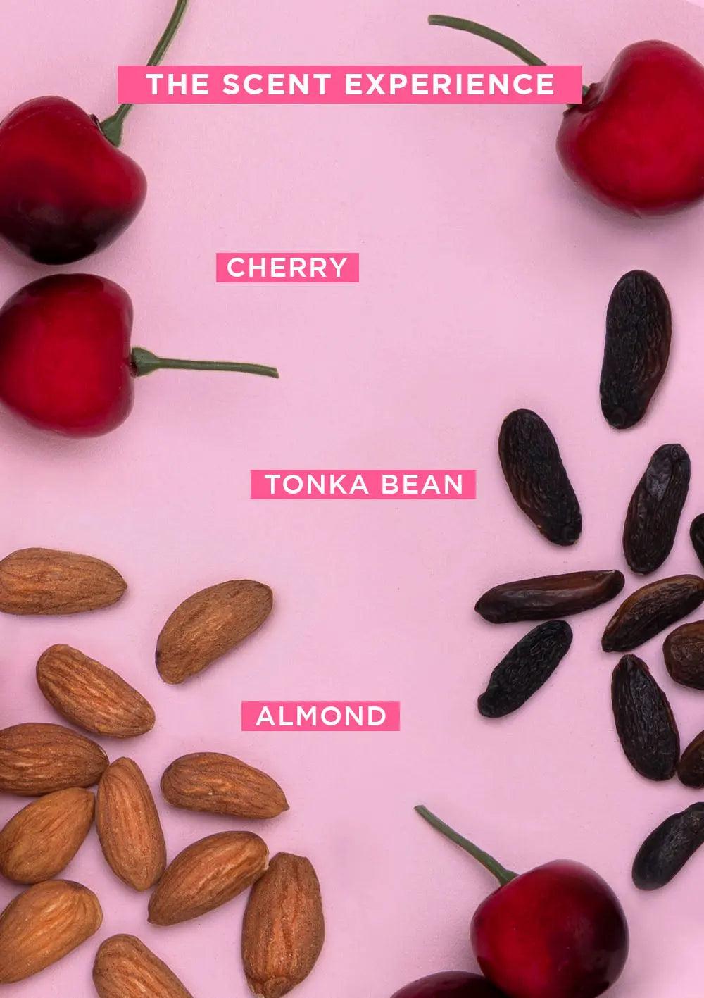 Cherry, tonka bean, and almond laid out on pink background for The Scent Experience visual display.