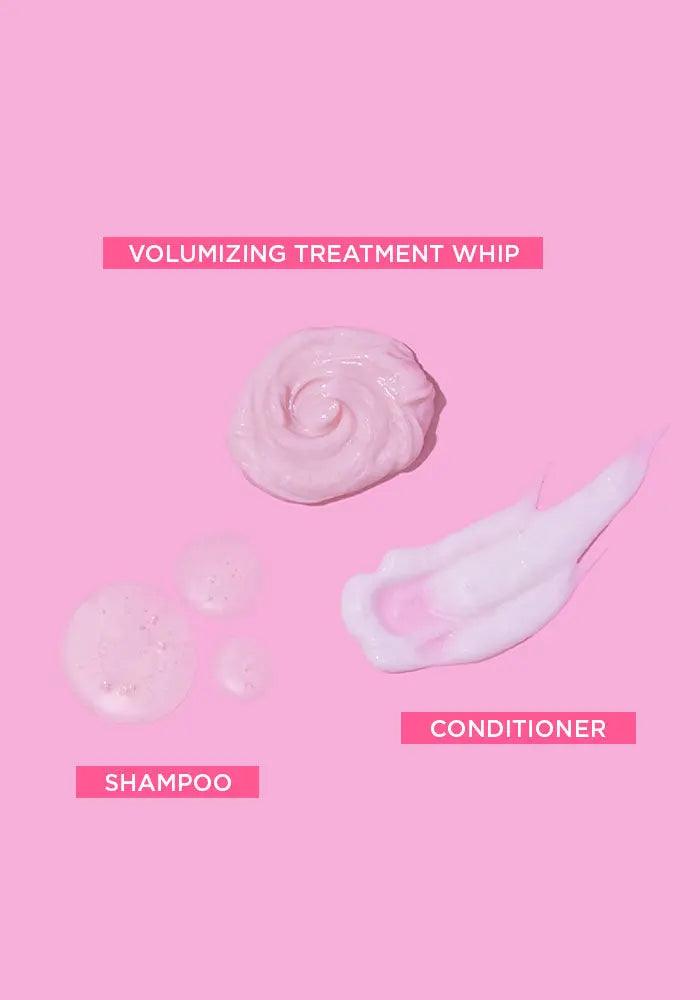 PUFF.ME Volume Glitz Kit products including volumizing treatment whip, shampoo, and conditioner on pink background.