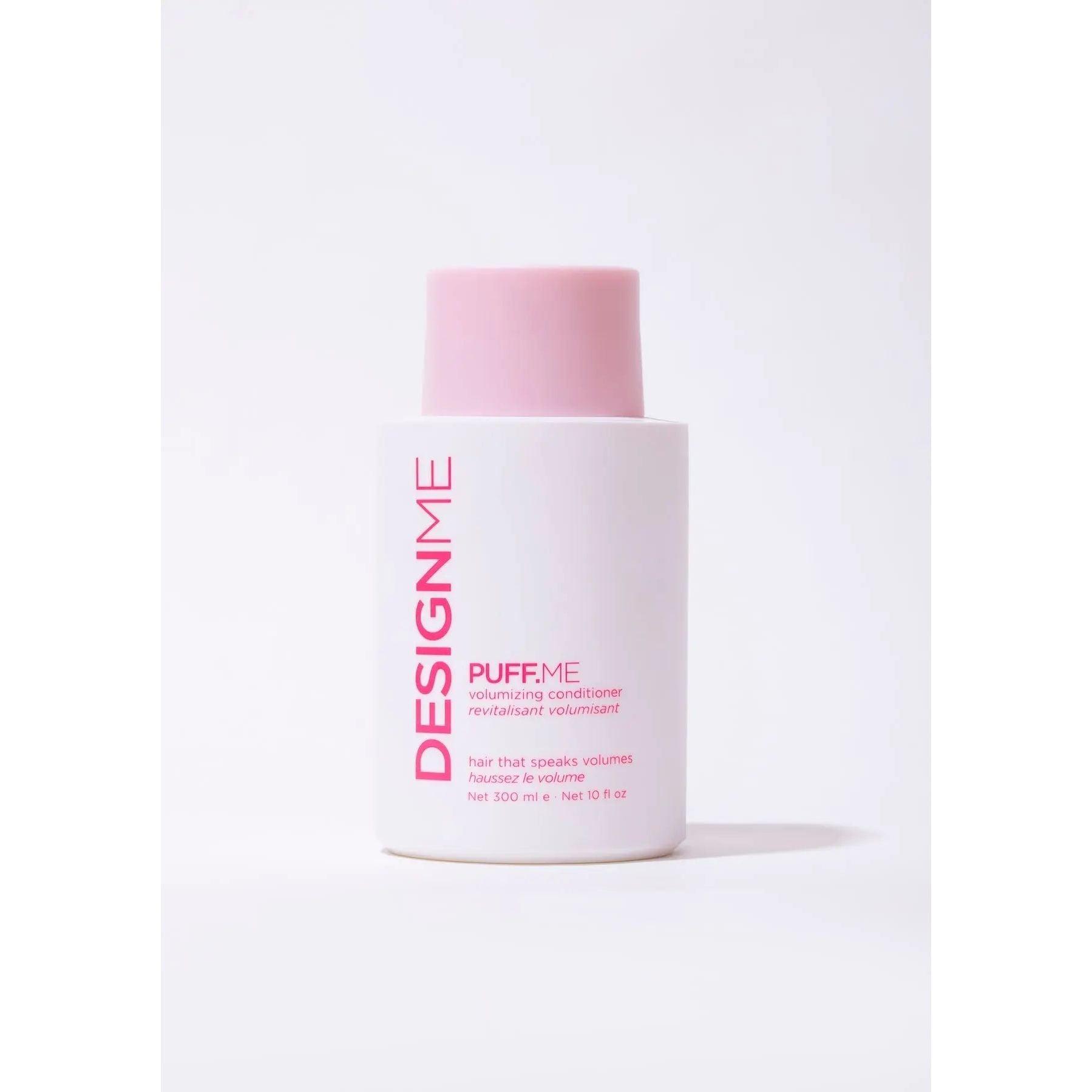 DesignMe Puff.me volumizing conditioner with pink cap on white background.