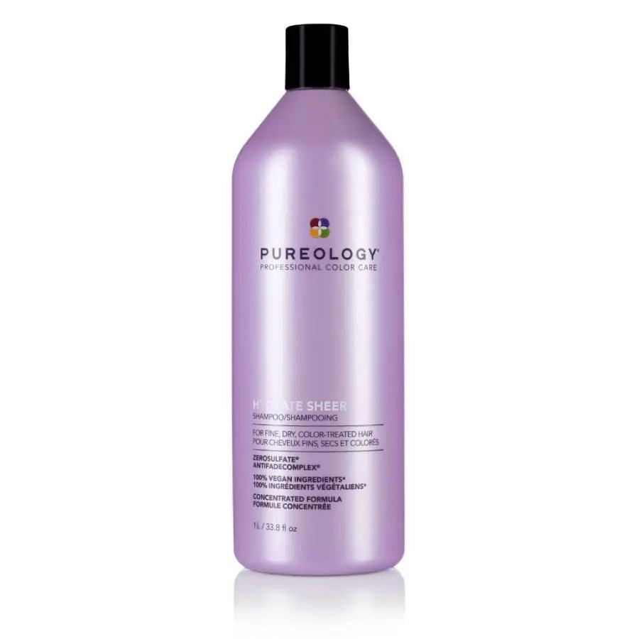 Pureology Hydrate Sheer Shampoo bottle in purple, silicone-free, moisturizing for color-treated hair with peppermint aroma.