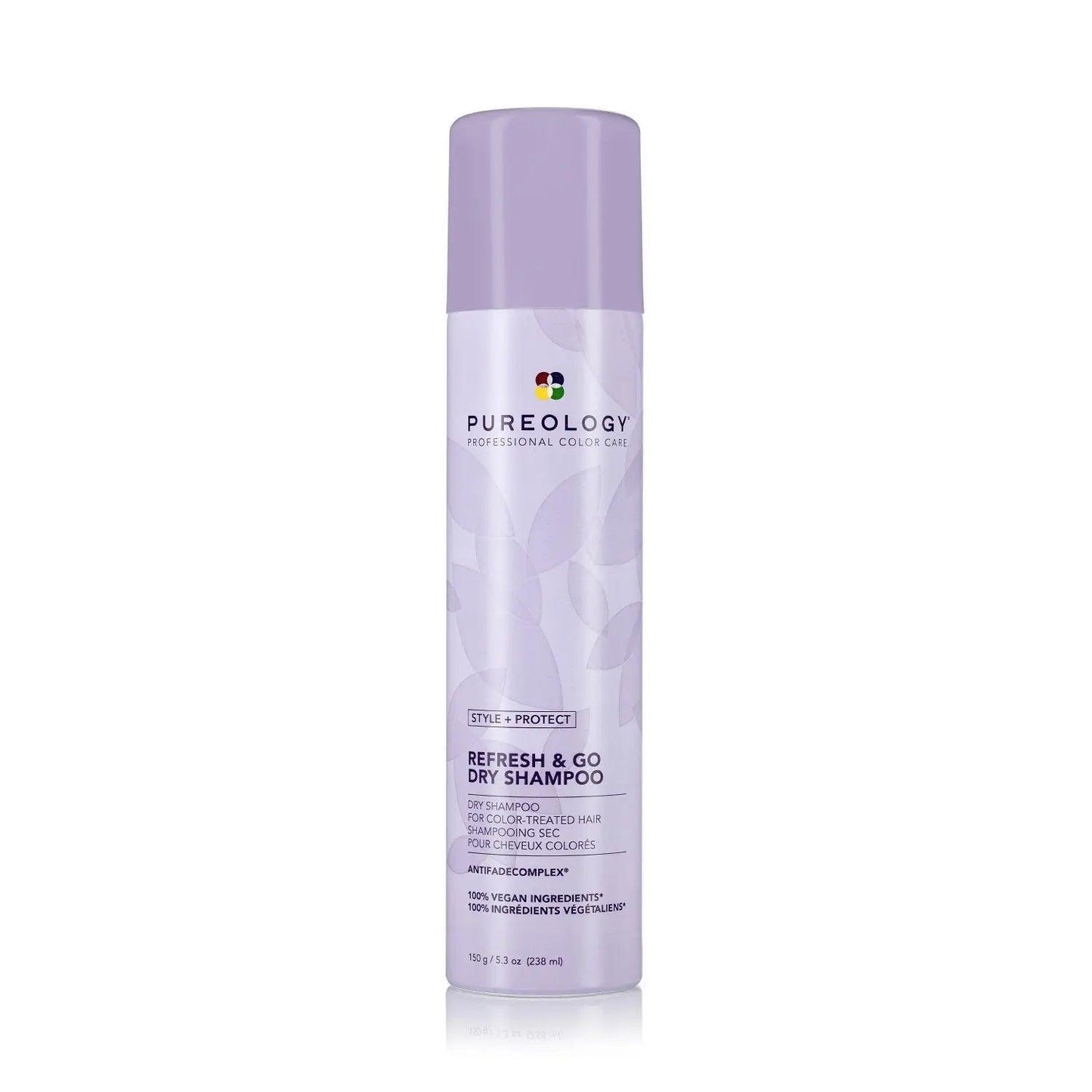 Pureology Refresh & Go Dry Shampoo bottle for oil absorption and fresh styling on color-treated hair.