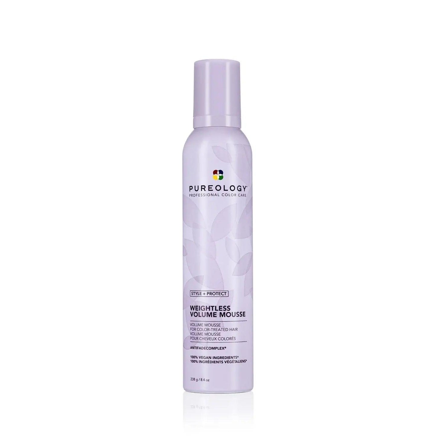 Pureology Style + Protect Weightless Volume Mousse in a canister, delivering allover volume for soft, shiny fine hair.