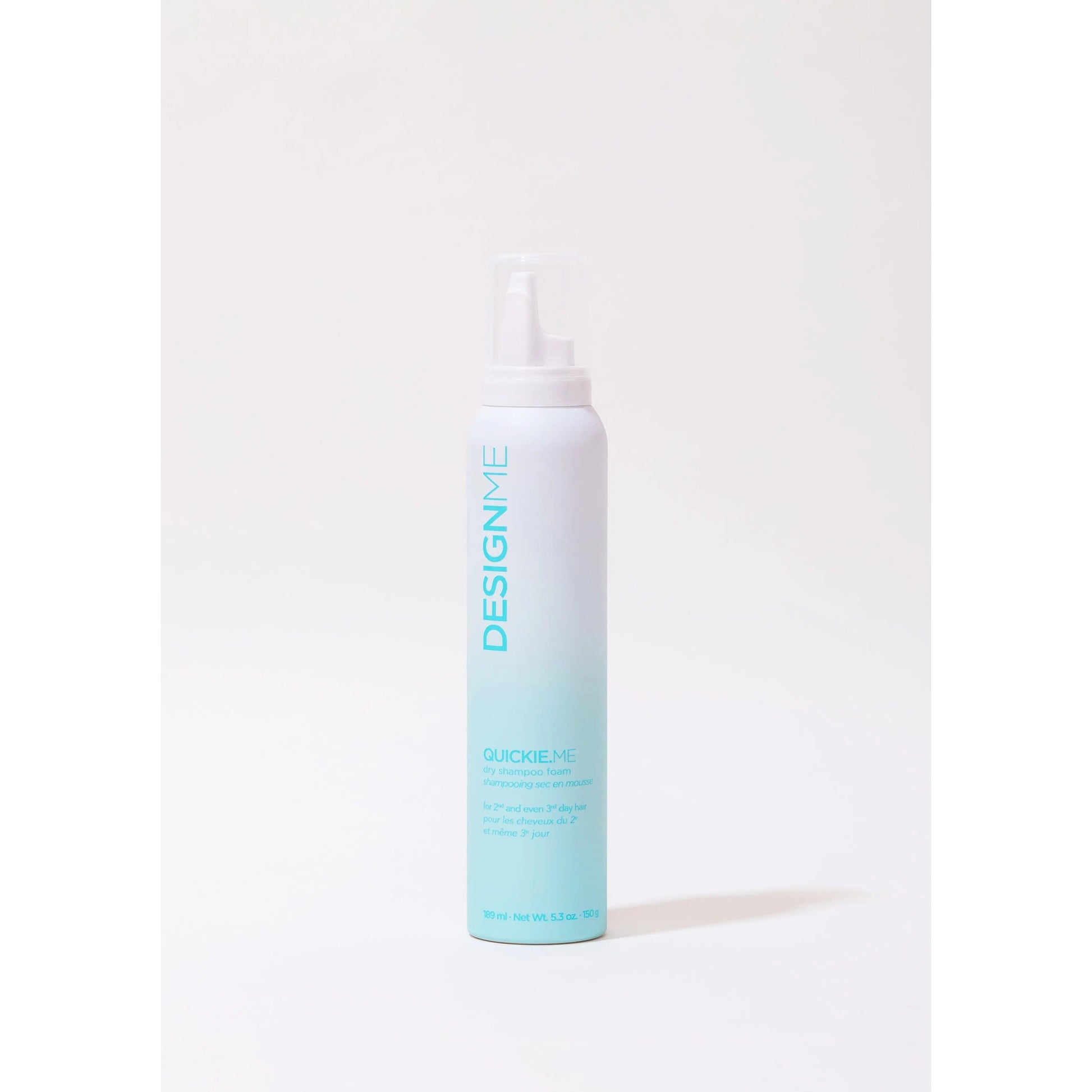 "DESIGNME Quickie Me Dry Shampoo Foam for all hair types in white and light blue bottle"