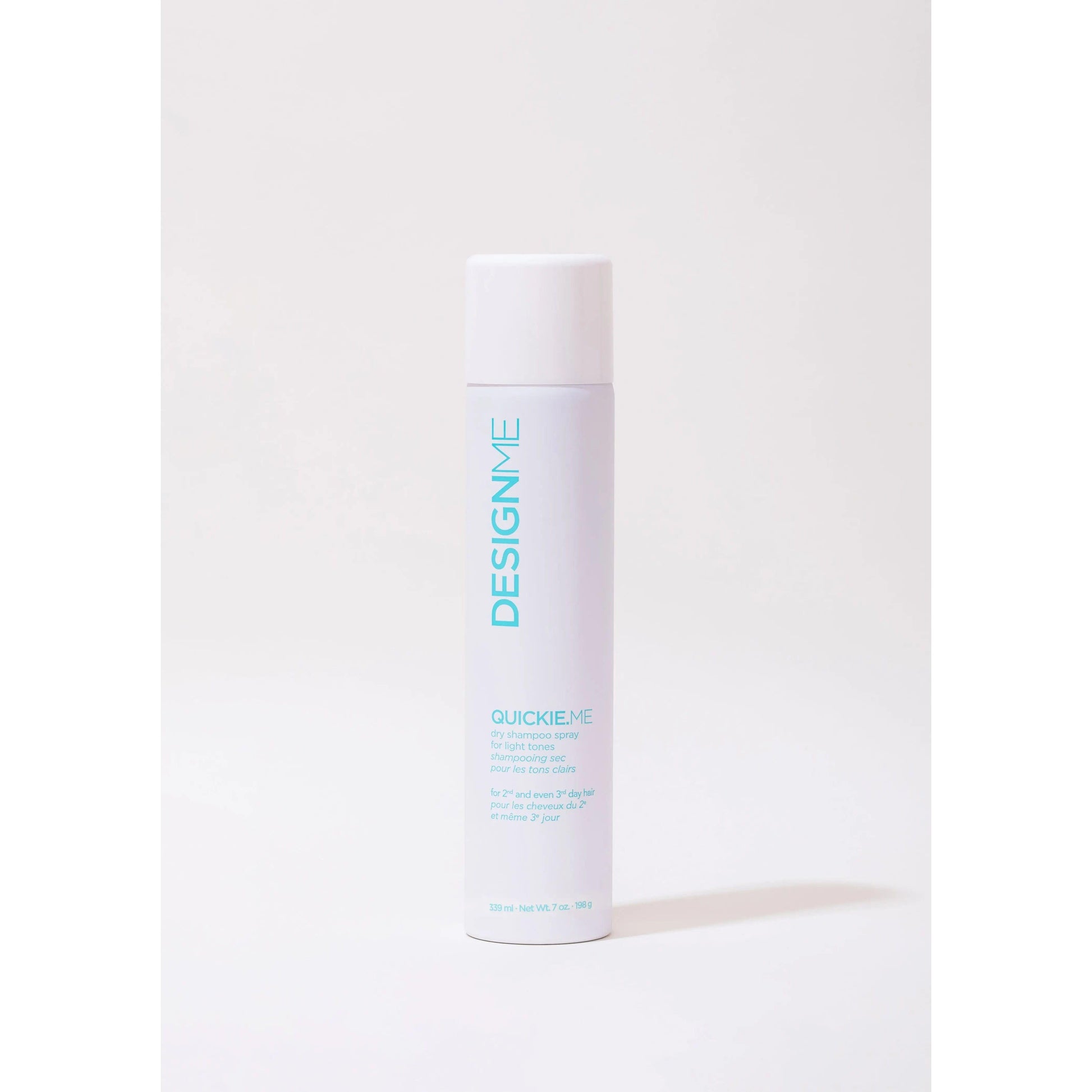 Design.Me Quickie.Me dry shampoo spray in white bottle with turquoise writing for all hair types, 189 g.