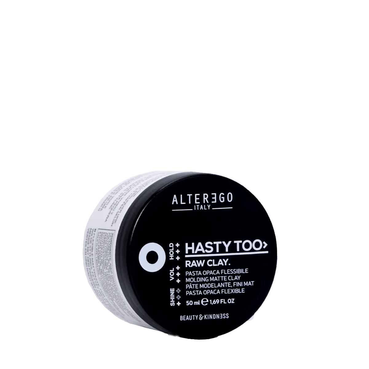Alterego Hasty Too Raw Clay in a 50ml container, ideal for creating lived-in matte hairstyles.