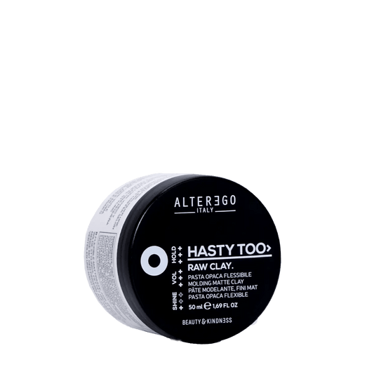 Alterego Hasty Too Raw Clay in a 50ml container, ideal for creating lived-in matte hairstyles.