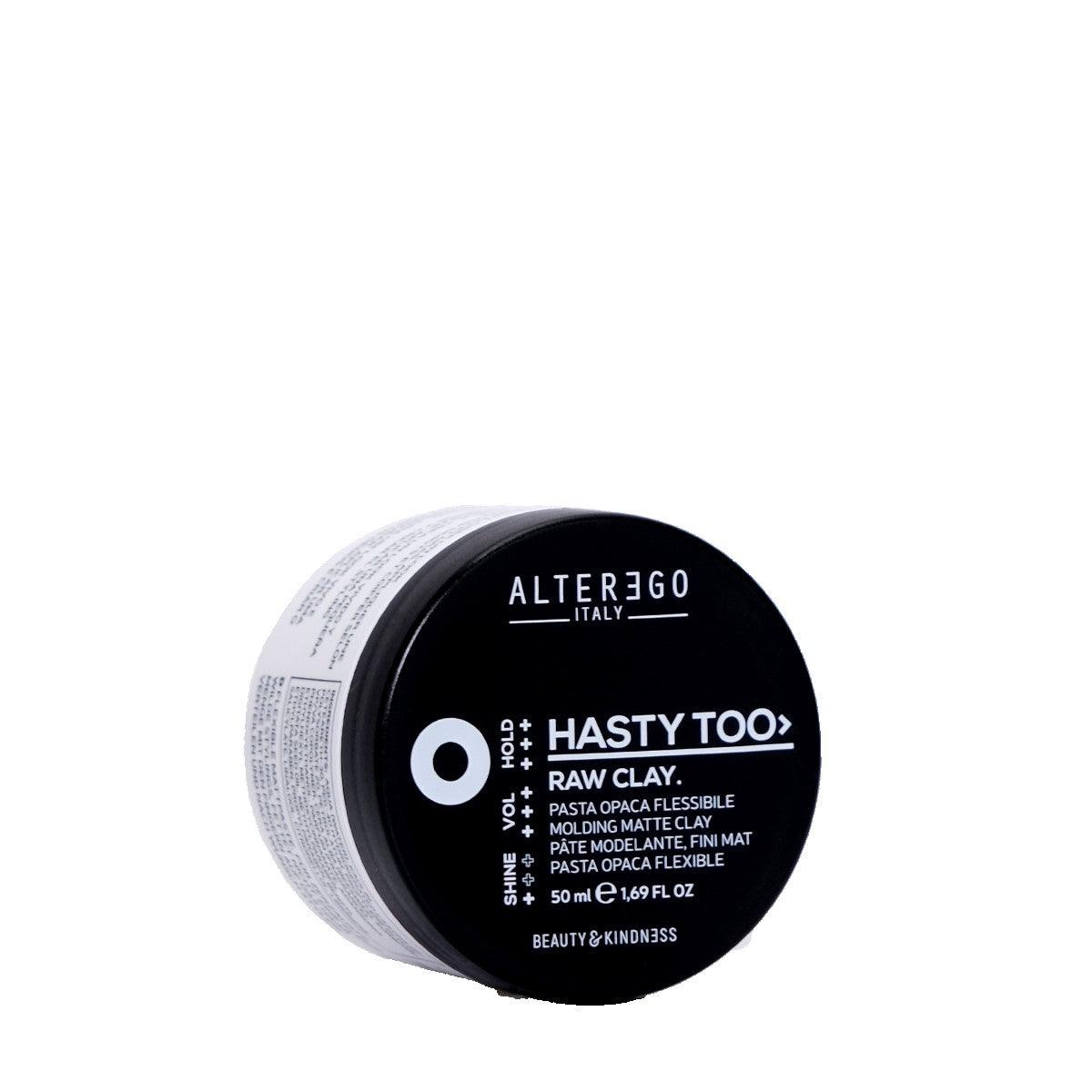 Hasty Too Raw Clay by Alterego Italy in a 50ml container, ideal for creating lived-in matte hairstyles.