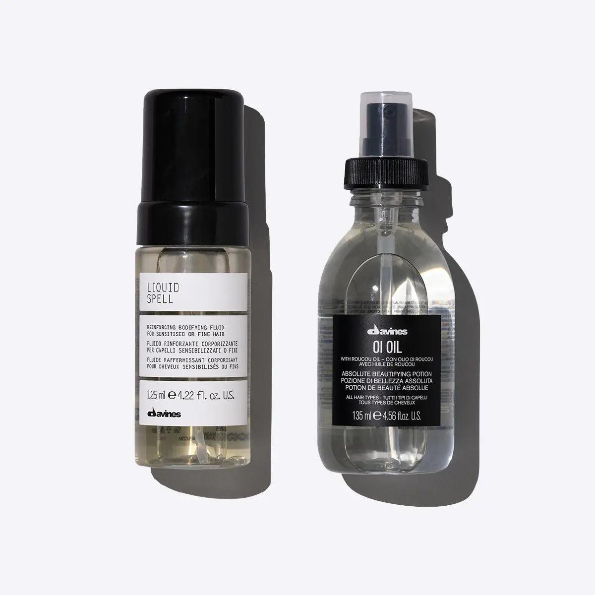 Davines Liquid Spell and OI Oil for hair repair, moisture, and volume in 135ml bottles. Perfect for dry hair care.