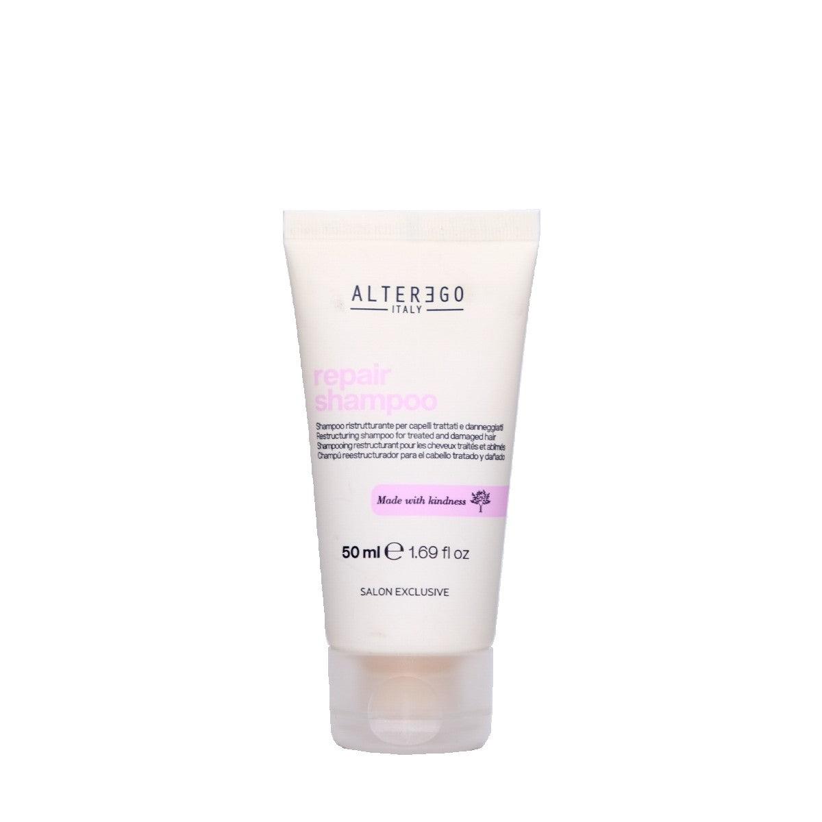 Alter Ego Repair Shampoo 50ml tube, sulfate-free, gently cleanses and strengthens hair for shiny, healthy locks.