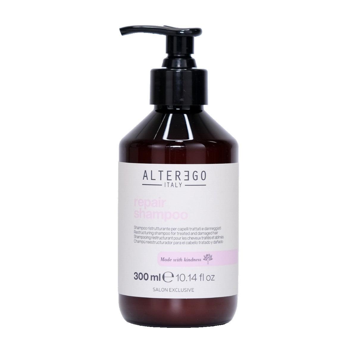 Repair shampoo bottle by Alterego Italy, designed to cleanse and strengthen hair while promoting shine and health. 300 ml.
