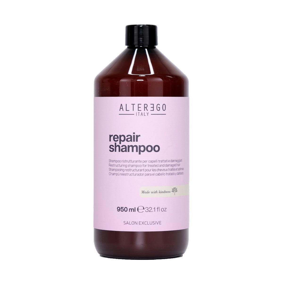 Repair shampoo bottle by Alter Ego Italy, 950ml, designed to cleanse and strengthen hair while ensuring a healthy shine.