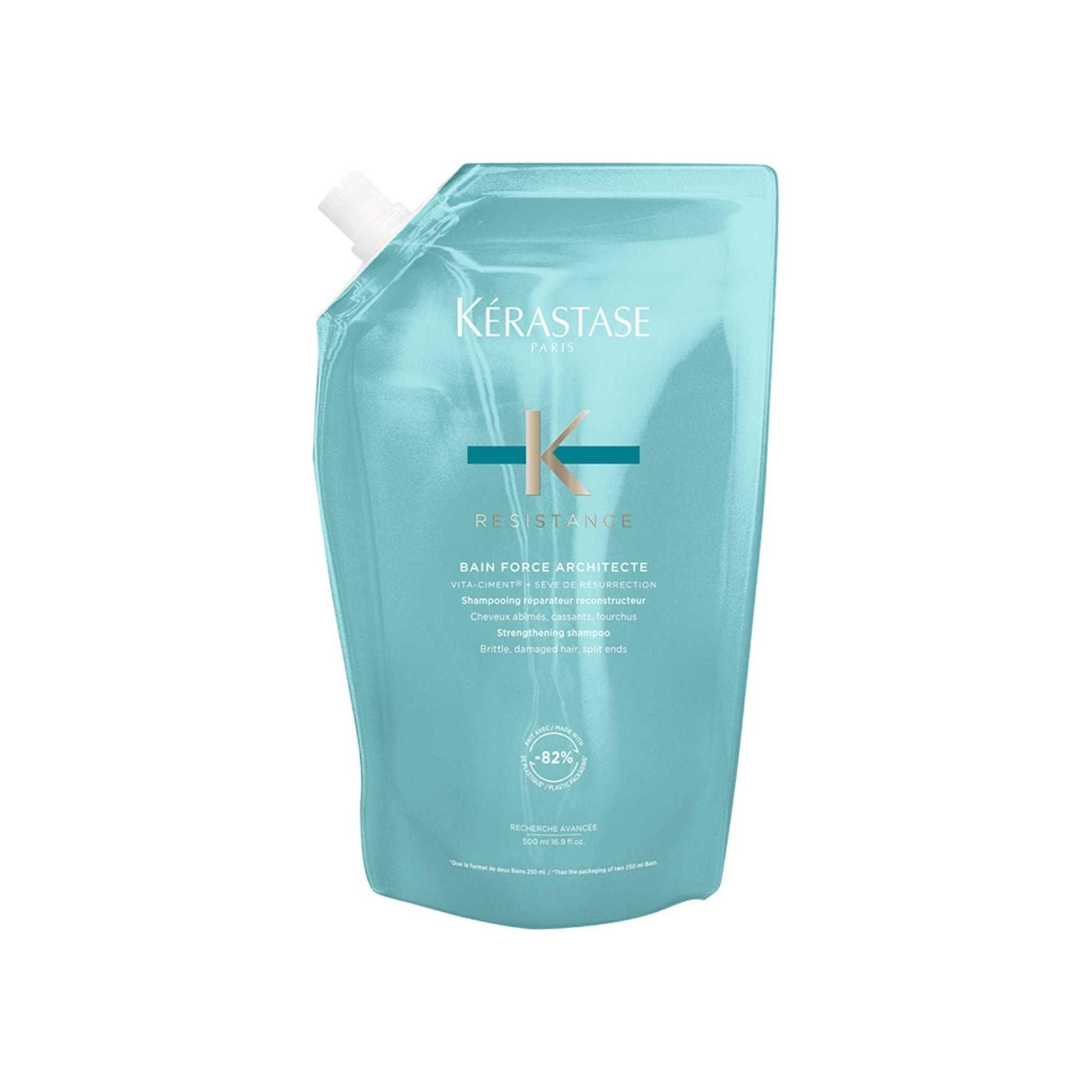 Kérastase Résistance Bain Force Architecte refill pouch made from 82% recycled plastic for eco-friendly hair care.