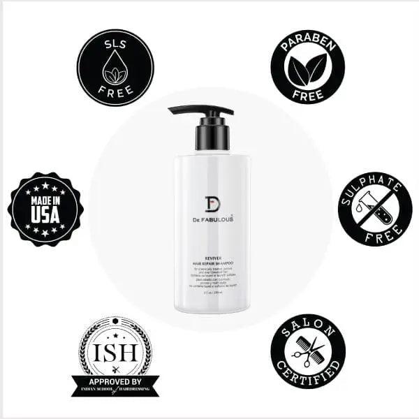De Fabulous Reviver Hair Repair Shampoo bottle surrounded by icons for SLS, paraben, and sulphate-free certifications.