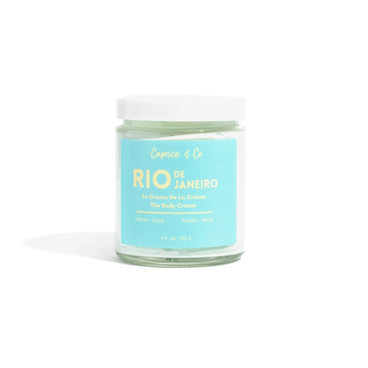 RIO de Janeiro body cream in a recyclable glass jar, scented with papaya and peach, deeply moisturizing formula.