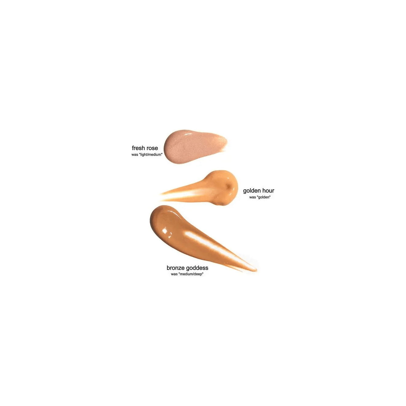 Swatches of Rōsilliance® Tinted Moisturizer in Fresh Rose, Golden Hour, and Bronze Goddess shades on a white background.