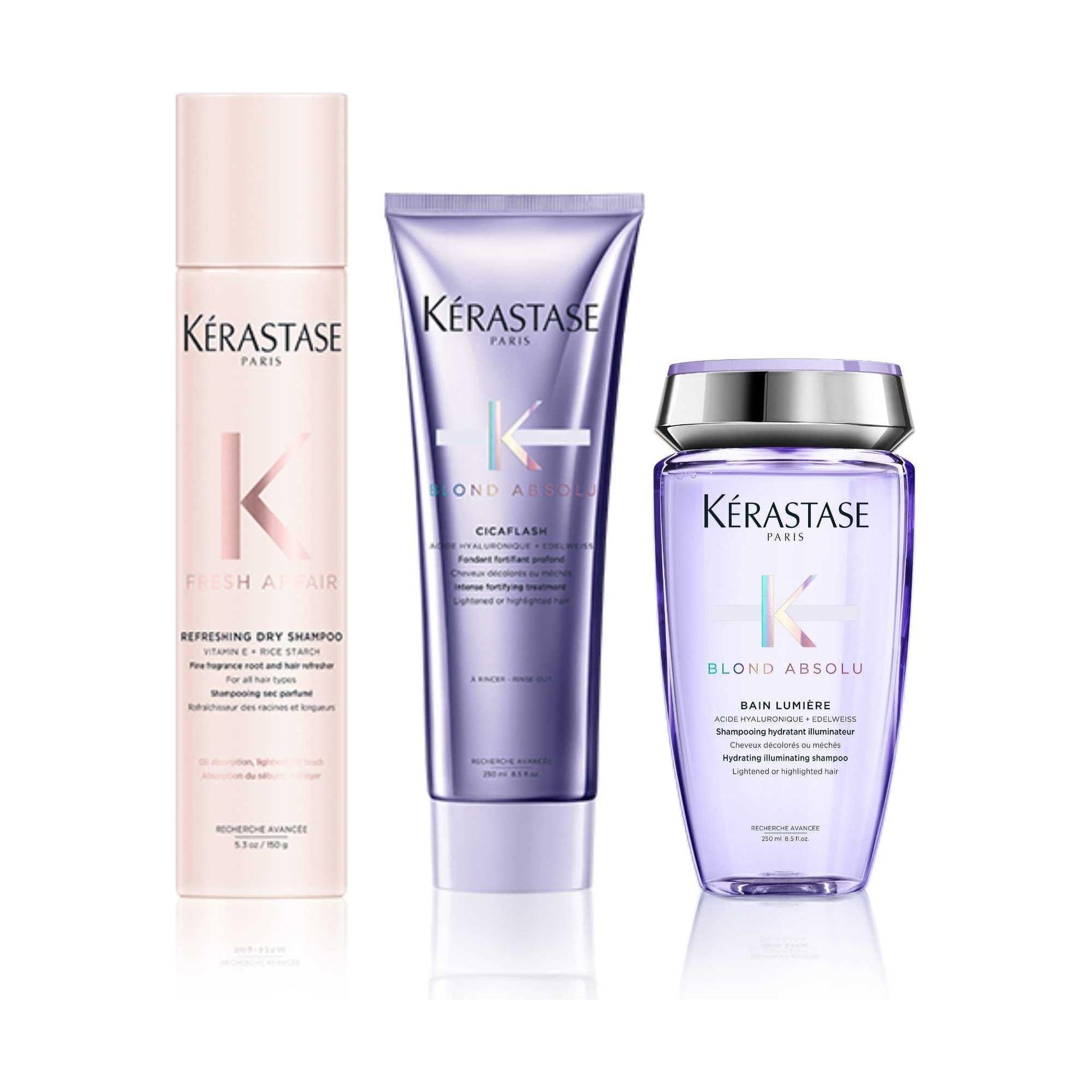 Kérastase hair care products - Fresh Affair dry shampoo, Cicaplasme treatment, and Blond Absolu Bain Lumiere shampoo for vibrant hair