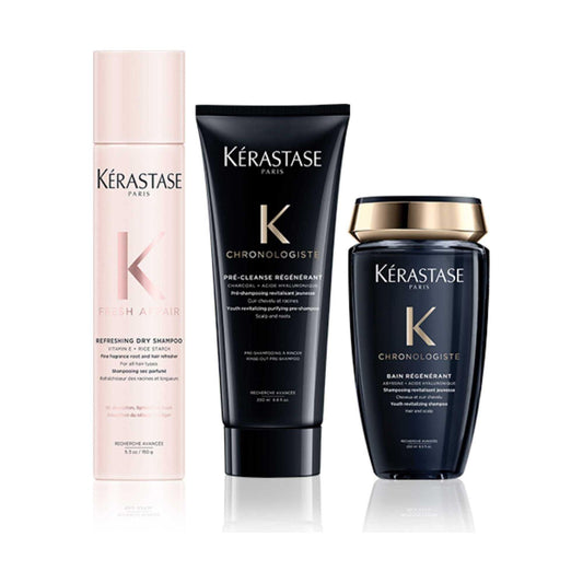 Kérastase Paris Chronologiste hair care products collection including dry shampoo, pre-cleanse regenerant, and Bain regenerant.
