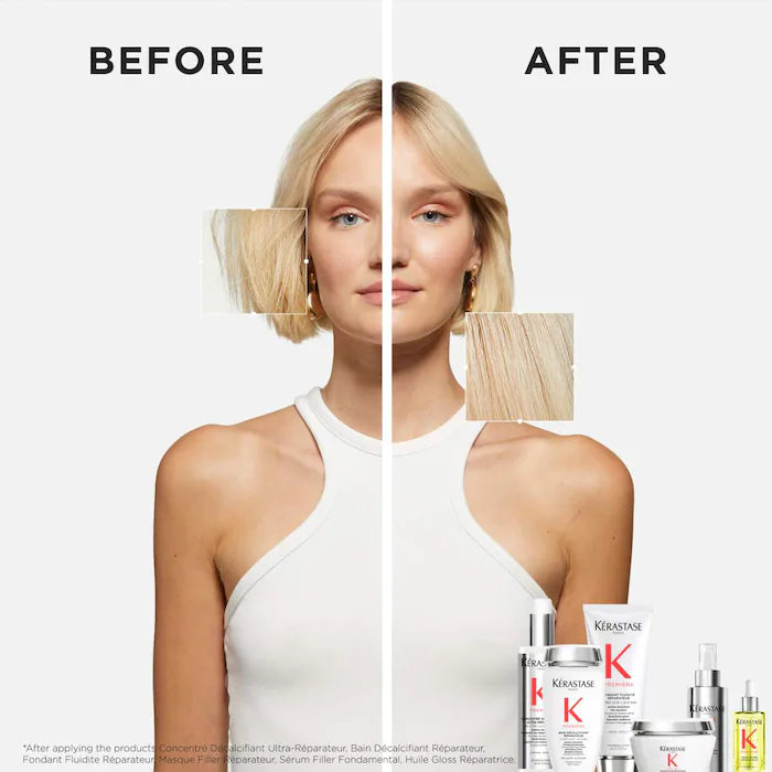 Before and after hair transformation showing restored shine and health after using repairing oil. Smooth, vibrant hair results.