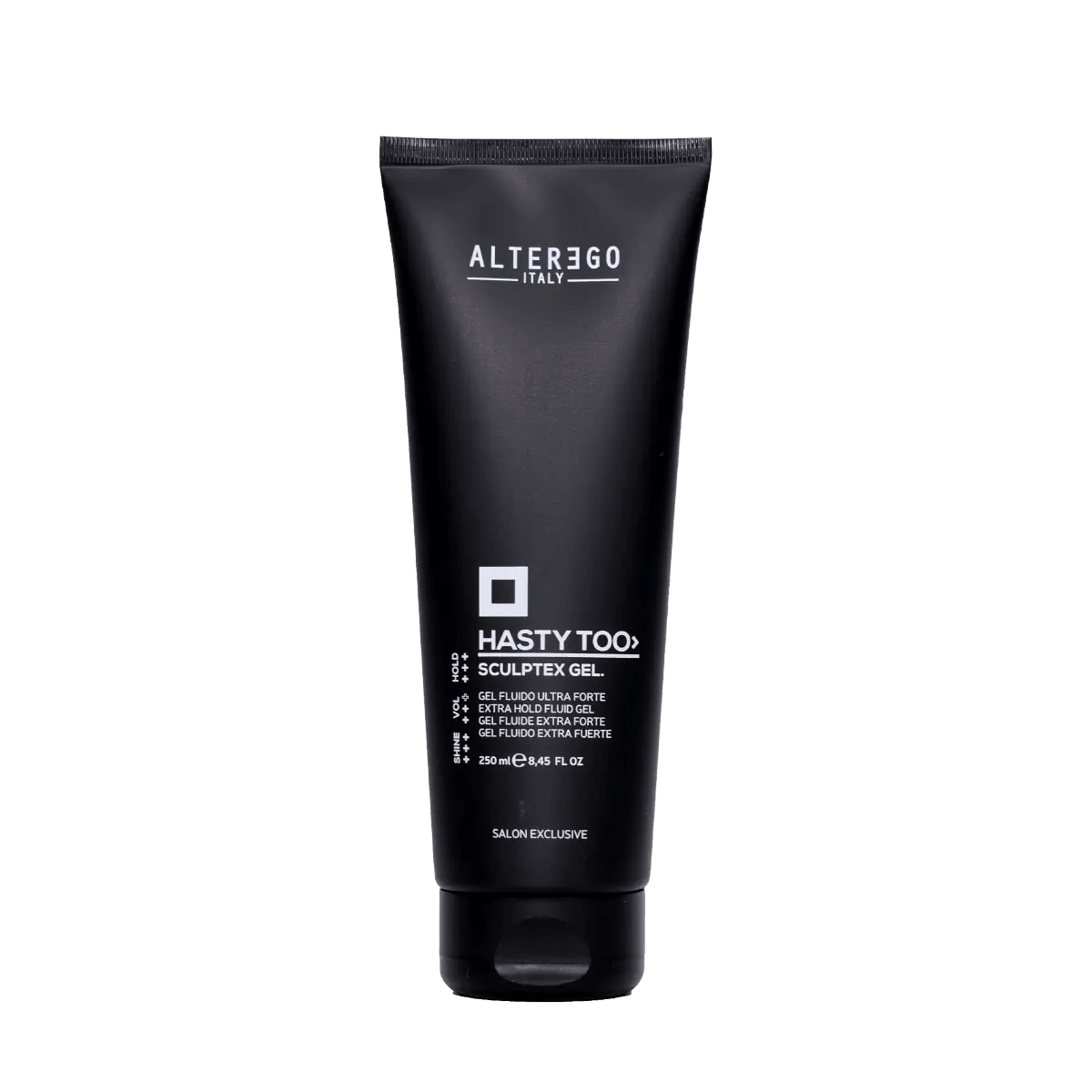 Sculptex Gel by Alterego Italy in a sleek black tube, designed for defining curls and adding volume to fine hair.