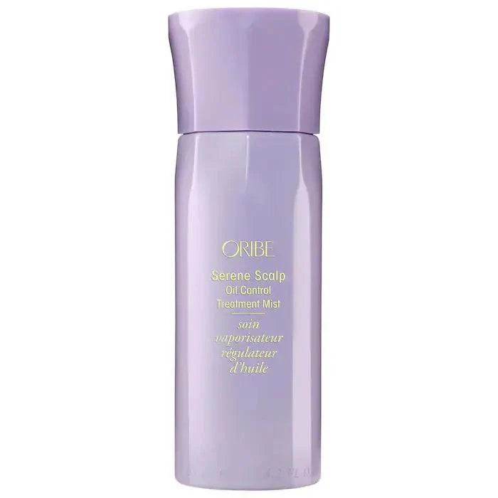 Oribe Serene Scalp Oil Control Treatment Mist in sleek purple bottle for oil control on all hair types.