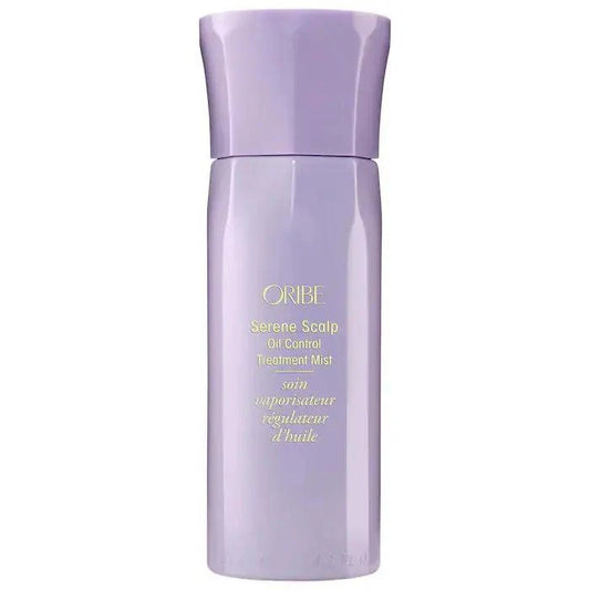 Oribe Serene Scalp Oil Control Treatment Mist in sleek purple bottle for oil control on all hair types.