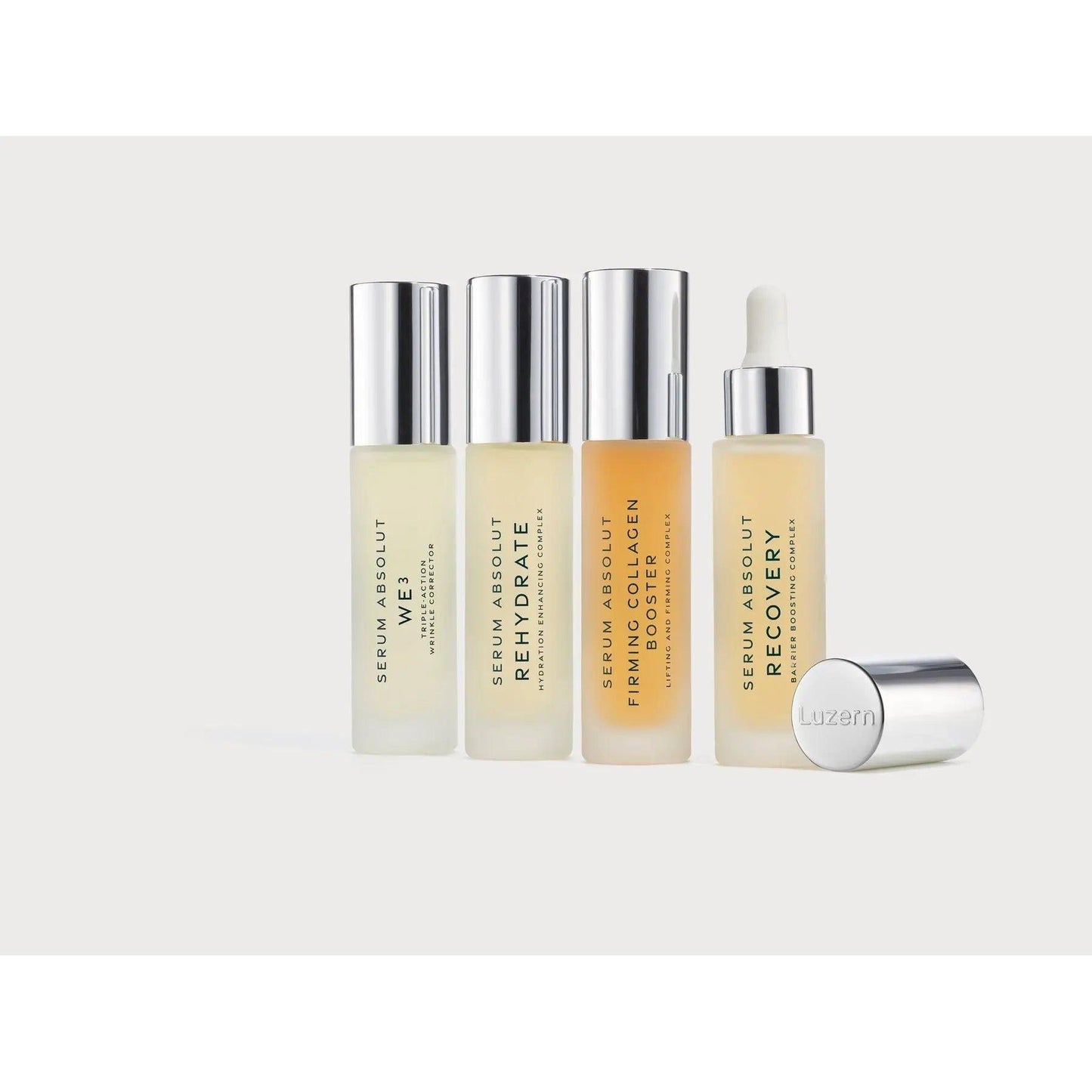 Luxurious skincare serums from Luzern including V15, Rehydrate, Firming Collagen, and Recovery for a rejuvenated complexion.