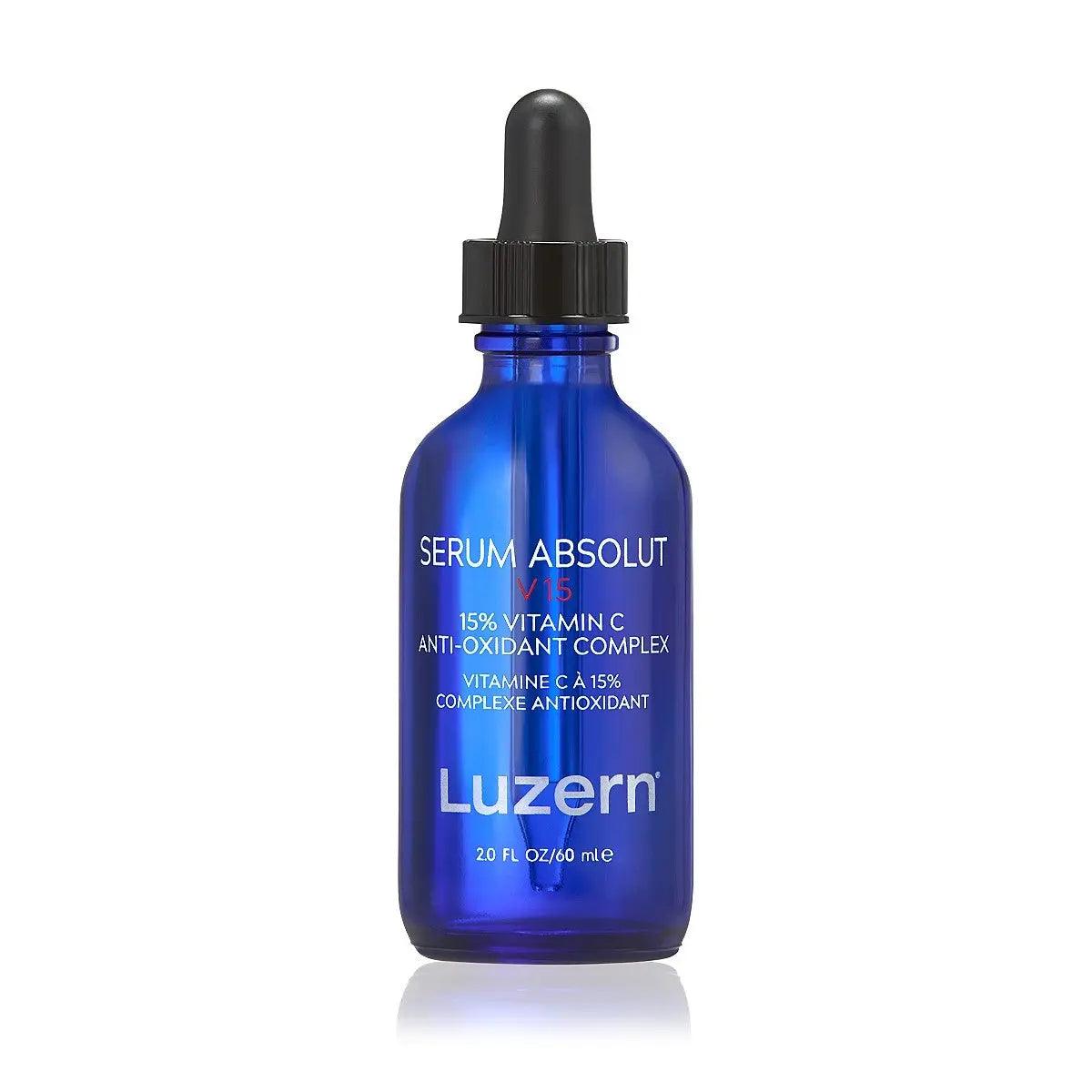 Luzern Vitamin C Anti-Oxidant Serum Absolut V15, 2 oz blue bottle with dropper for skincare, 15% vitamin C anti-oxidant complex