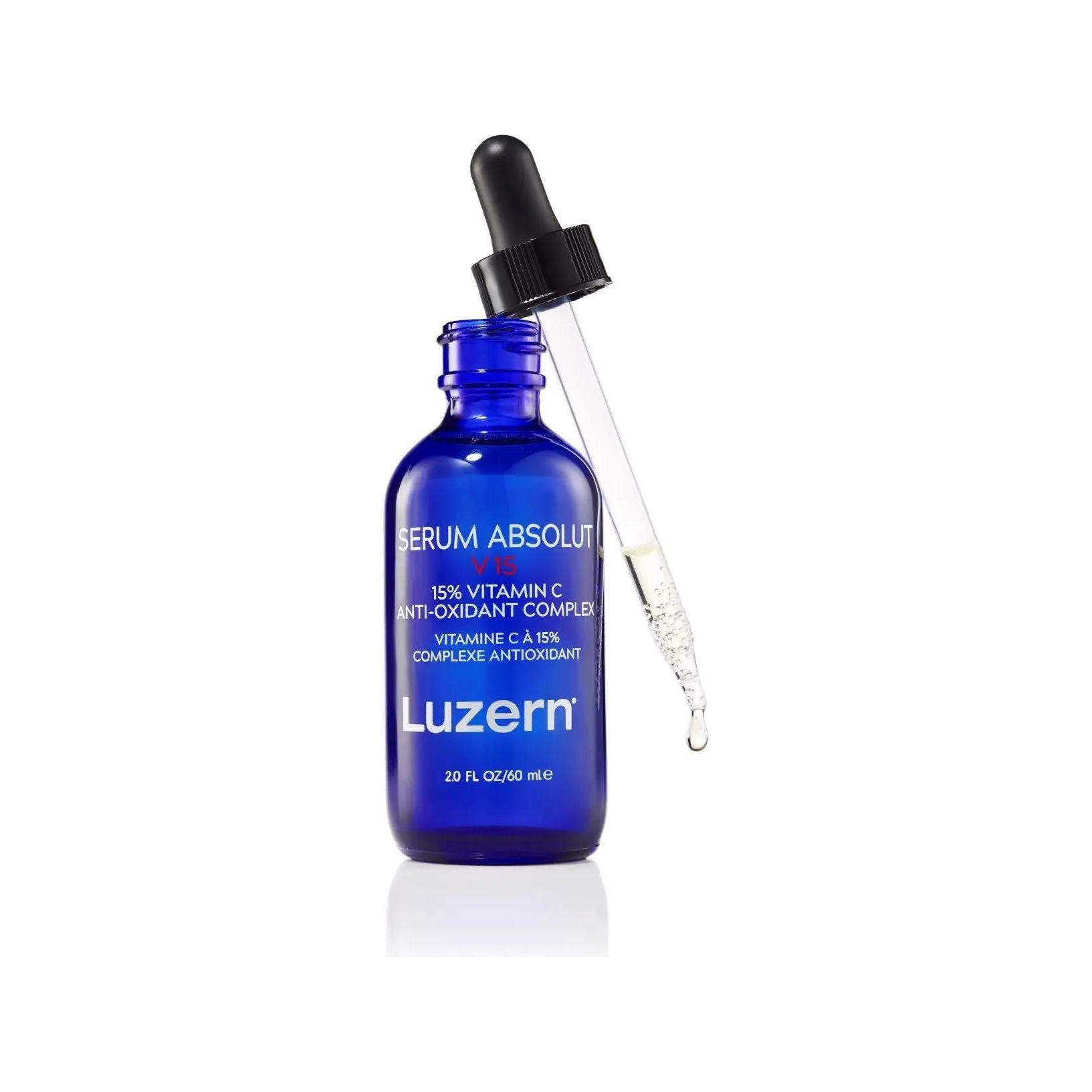 15% Vitamin C Serum Luzern bottle with dropper - anti-oxidant skincare solution in blue packaging for radiant skin