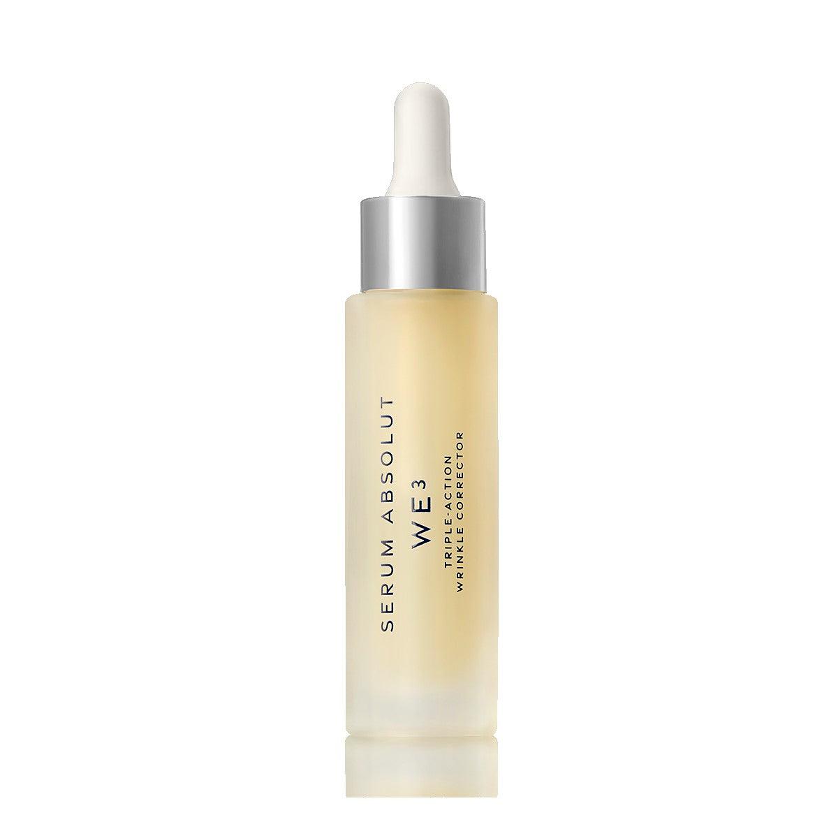 Luxurious serum bottle with dropper for wrinkle correction and skin perfection.