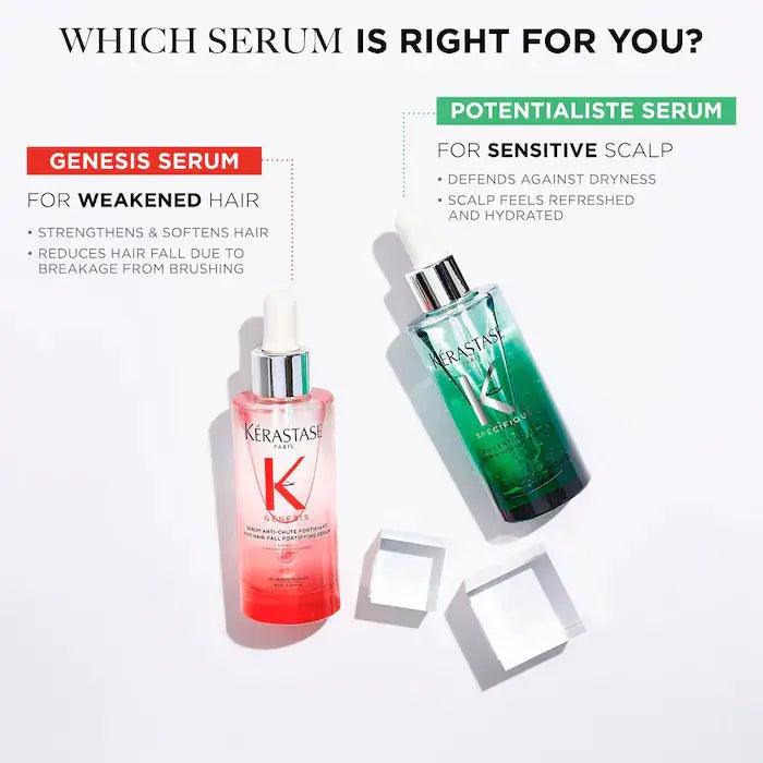 Kérastase serum comparison for hair care, highlighting Genesis for weakened hair and Potentialiste for sensitive scalp.