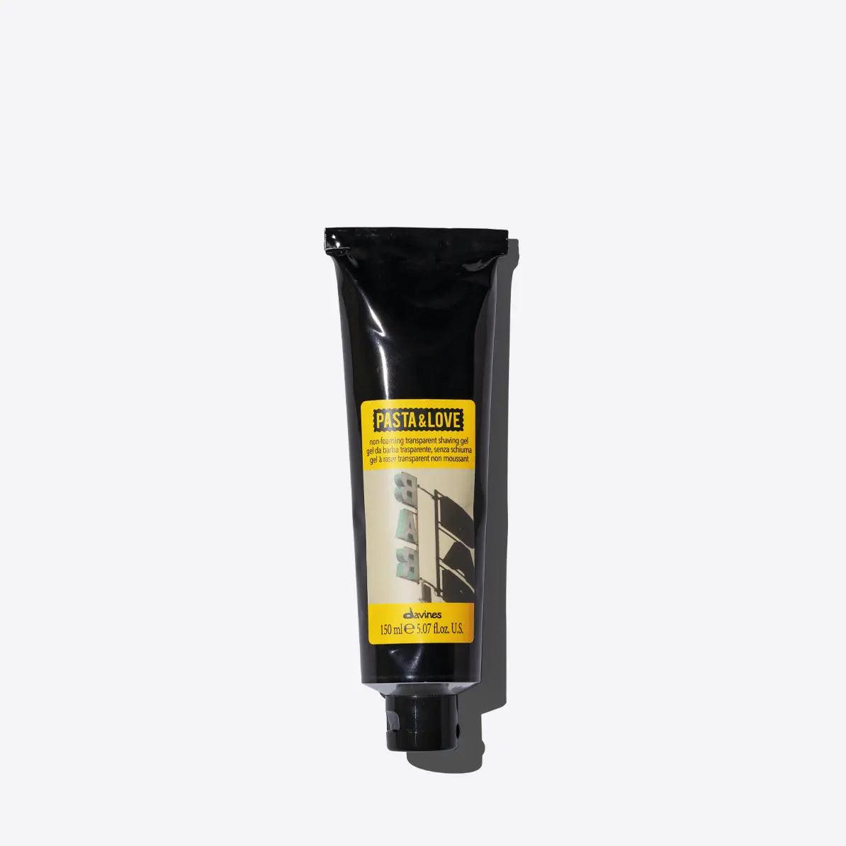 Black tube of Pasta & Love shaving gel with yellow label, ideal for precise beard grooming and shaping.
