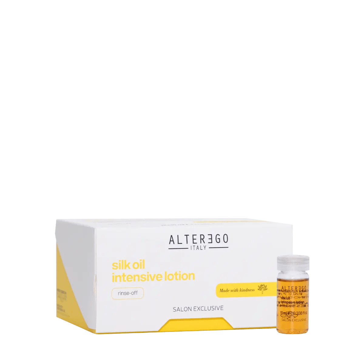 Alter Ego Italy Silk Oil Intensive Lotion box and vial for frizzy hair nourishment and manageability.