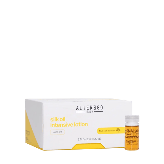 Alter Ego Italy Silk Oil Intensive Lotion box and vial for frizzy hair nourishment and manageability.