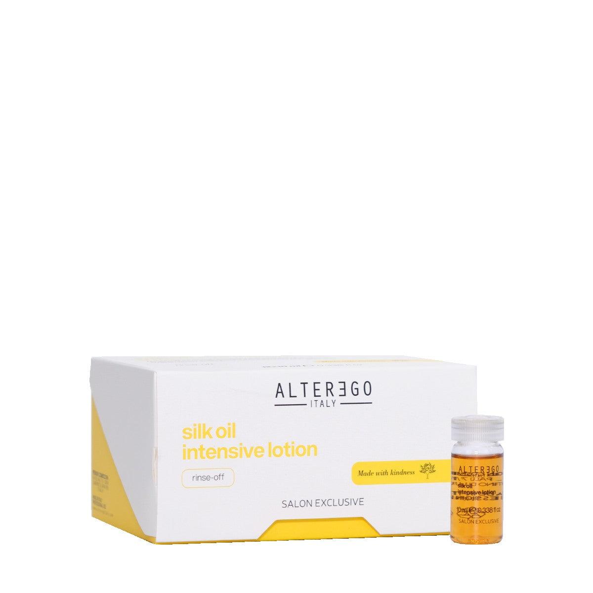 Silk Oil Intensive Lotion box with vial, ideal for smoothing frizzy hair and enhancing shine, by Alter Ego Italy.