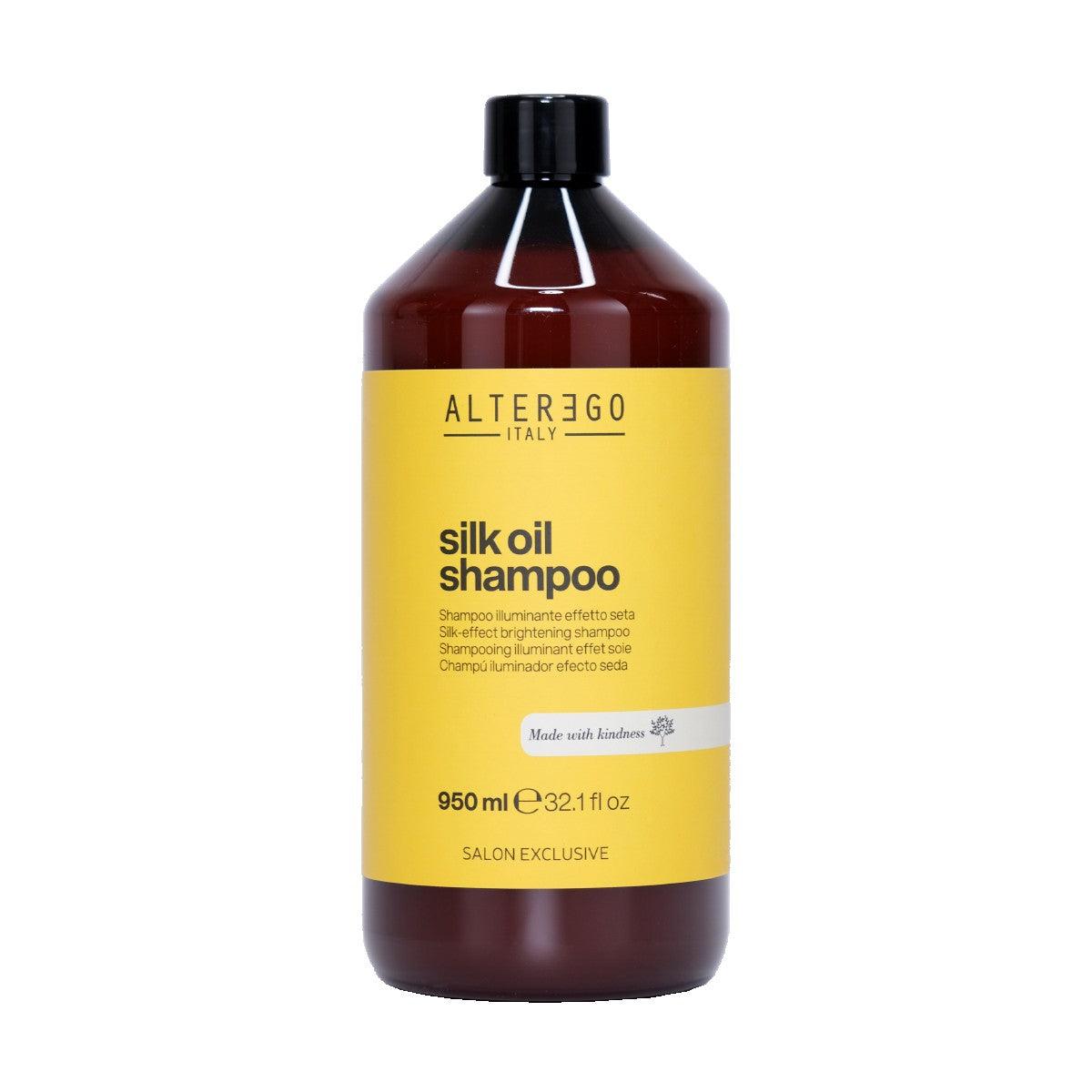 Silk Oil Shampoo bottle by ALTER EGO, 950ml, nourishing formula for frizzy hair, free from sulfates and parabens.