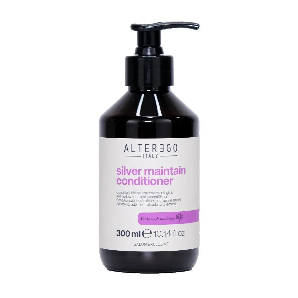 Silver Maintain Conditioner by Alterego Italy, 300ml bottle for hydrating and neutralizing yellow tones in hair.