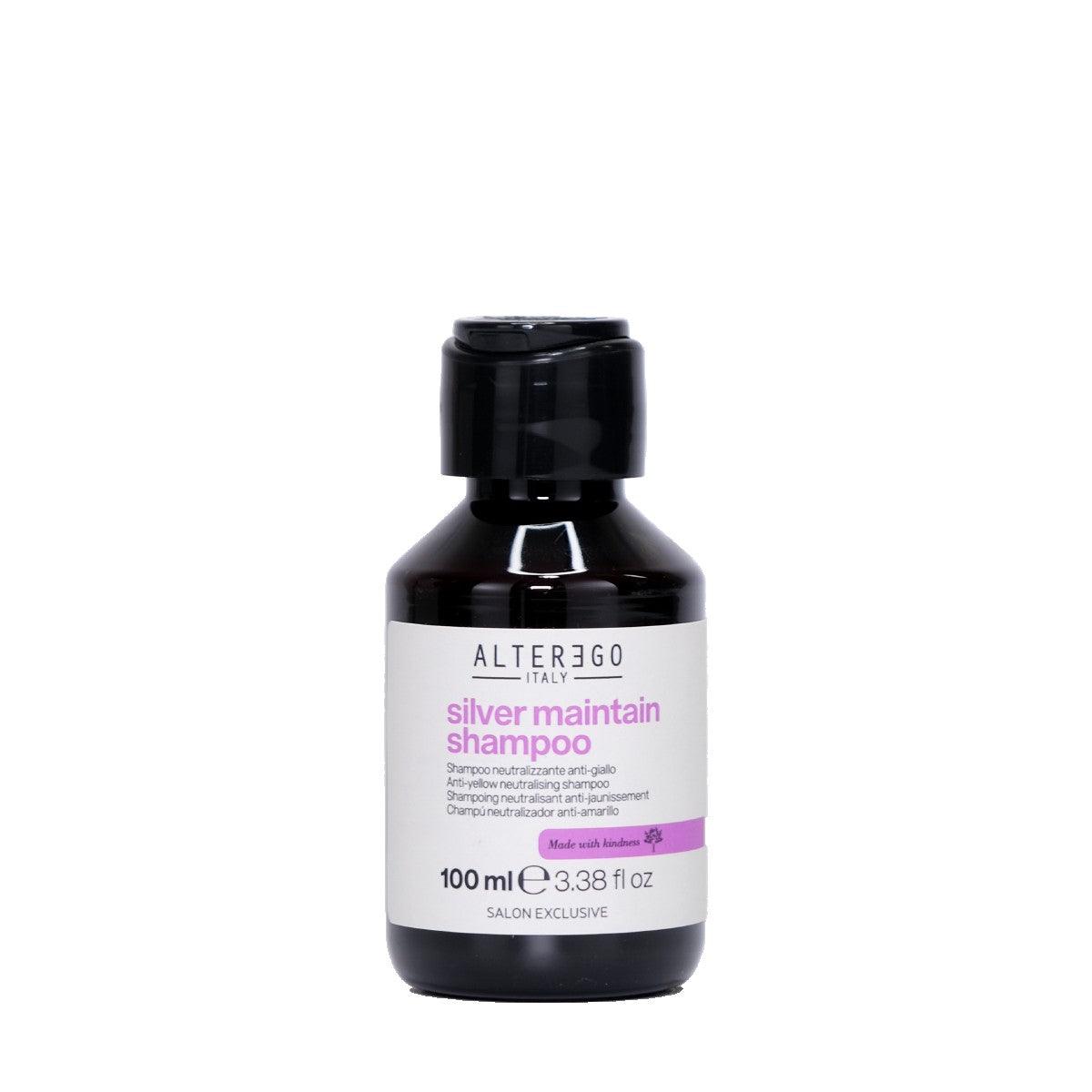 Black bottle of Alter Ego Silver Maintain Shampoo, 100ml, designed to enhance shine and neutralize yellow tones.