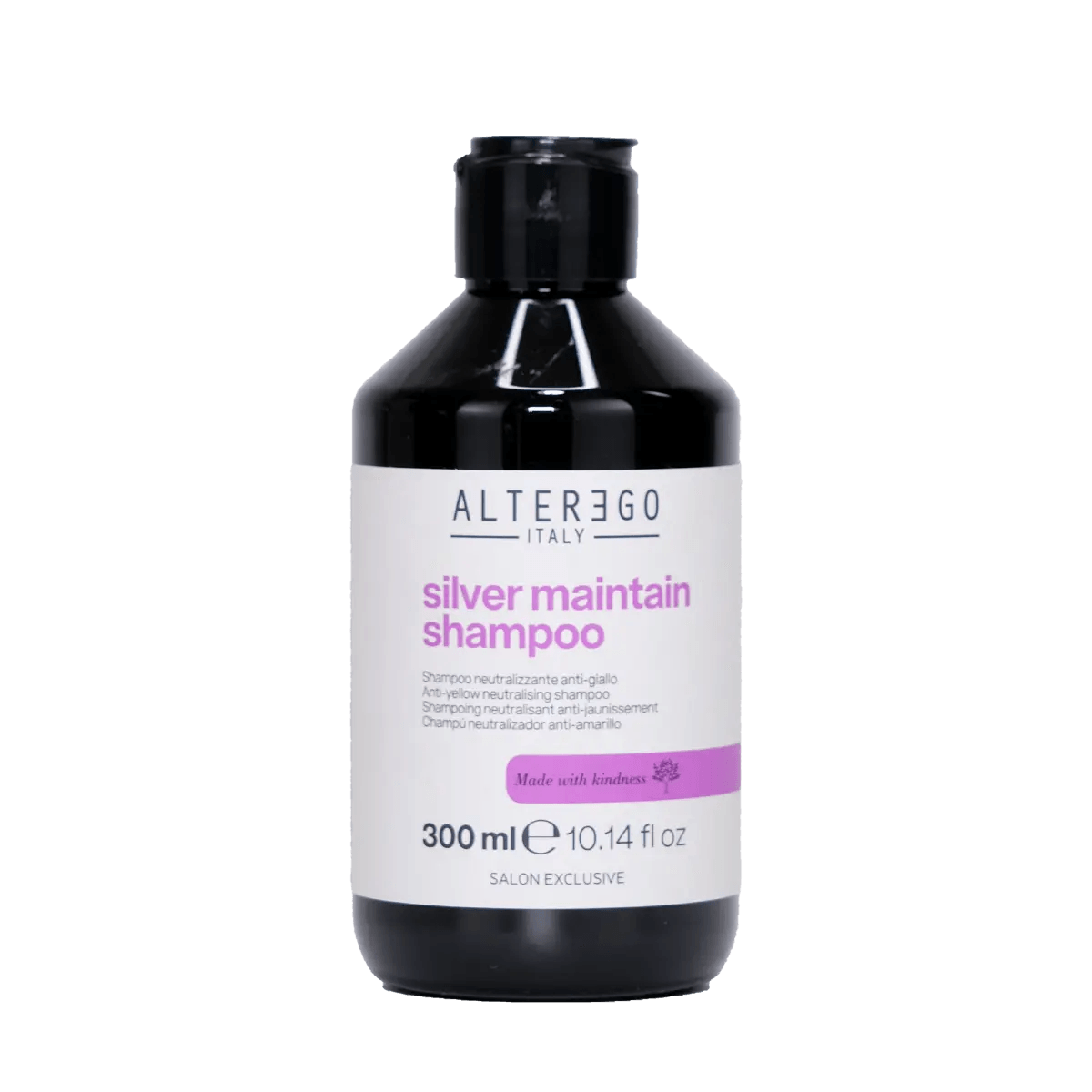 Silver Maintain Shampoo by Alterego Italy, 300ml bottle for cleansing and enhancing shine while eliminating yellow tones.