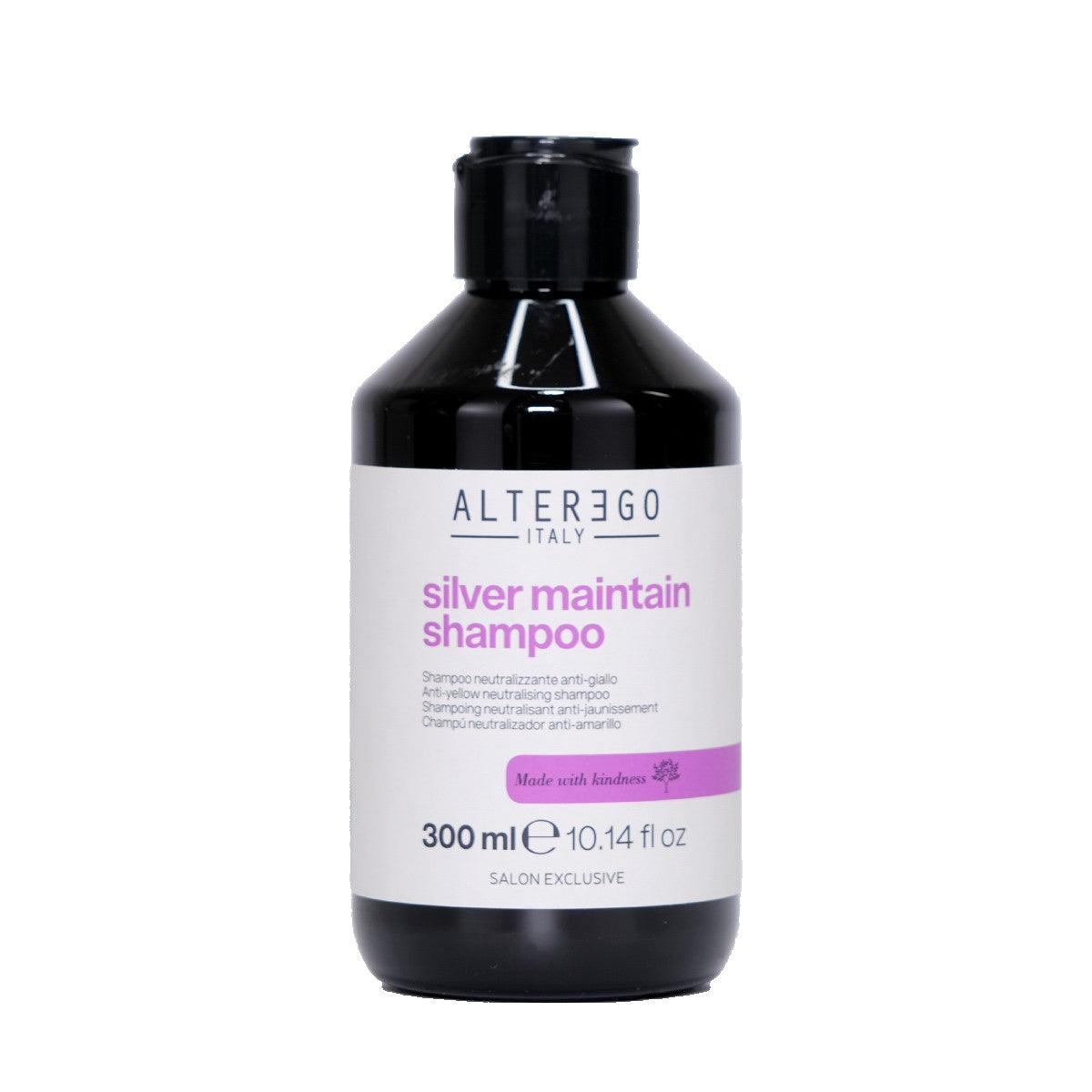 Silver Maintain Shampoo by Alterego, 300ml bottle designed to enhance shine and counteract yellow tones in hair.