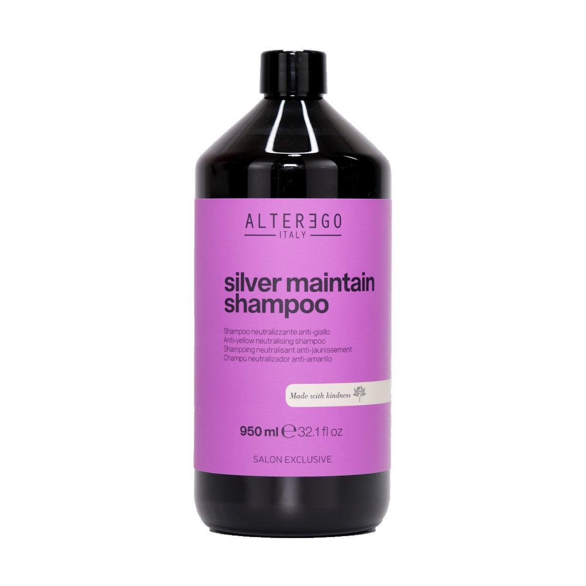 Silver Maintain Shampoo by Alterego Italy in a 950 ml bottle, designed to enhance shine and counteract yellow tones in hair.