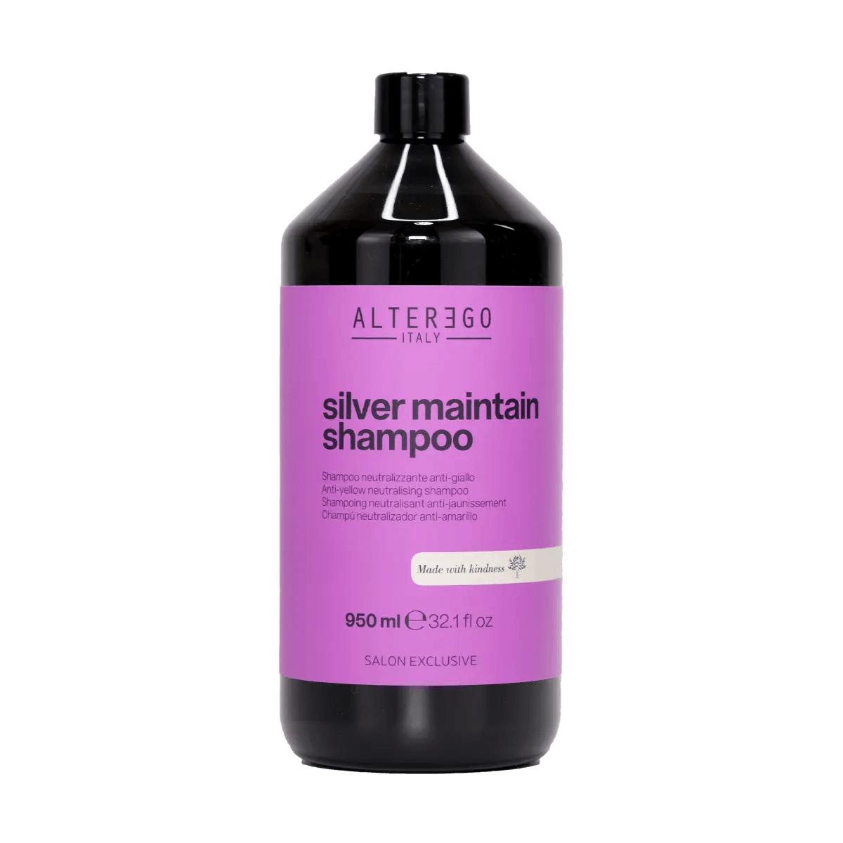 Silver Maintain Shampoo bottle by Alter Ego Italy, 950 ml, designed to enhance shine and reduce yellow tones. Sulphate-free formula.