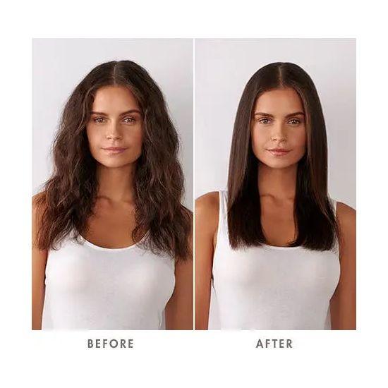 Before and after results showing sleek, smooth hair transformation using a ceramic heated brush.