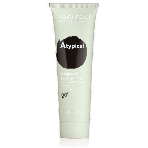 Atypical Tattoo Care cream tube, hydrating and protecting tattooed skin with SPF 30 against UVA/UVB rays.