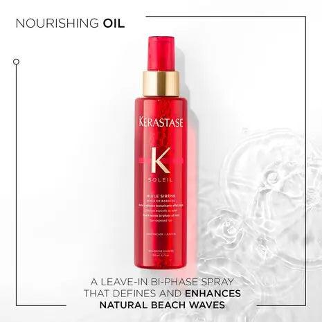 Kérastase Soleil Huile Sirene Hair Oil Mist in a red spray bottle, a leave-in oil that enhances natural beach waves and provides sun protection.