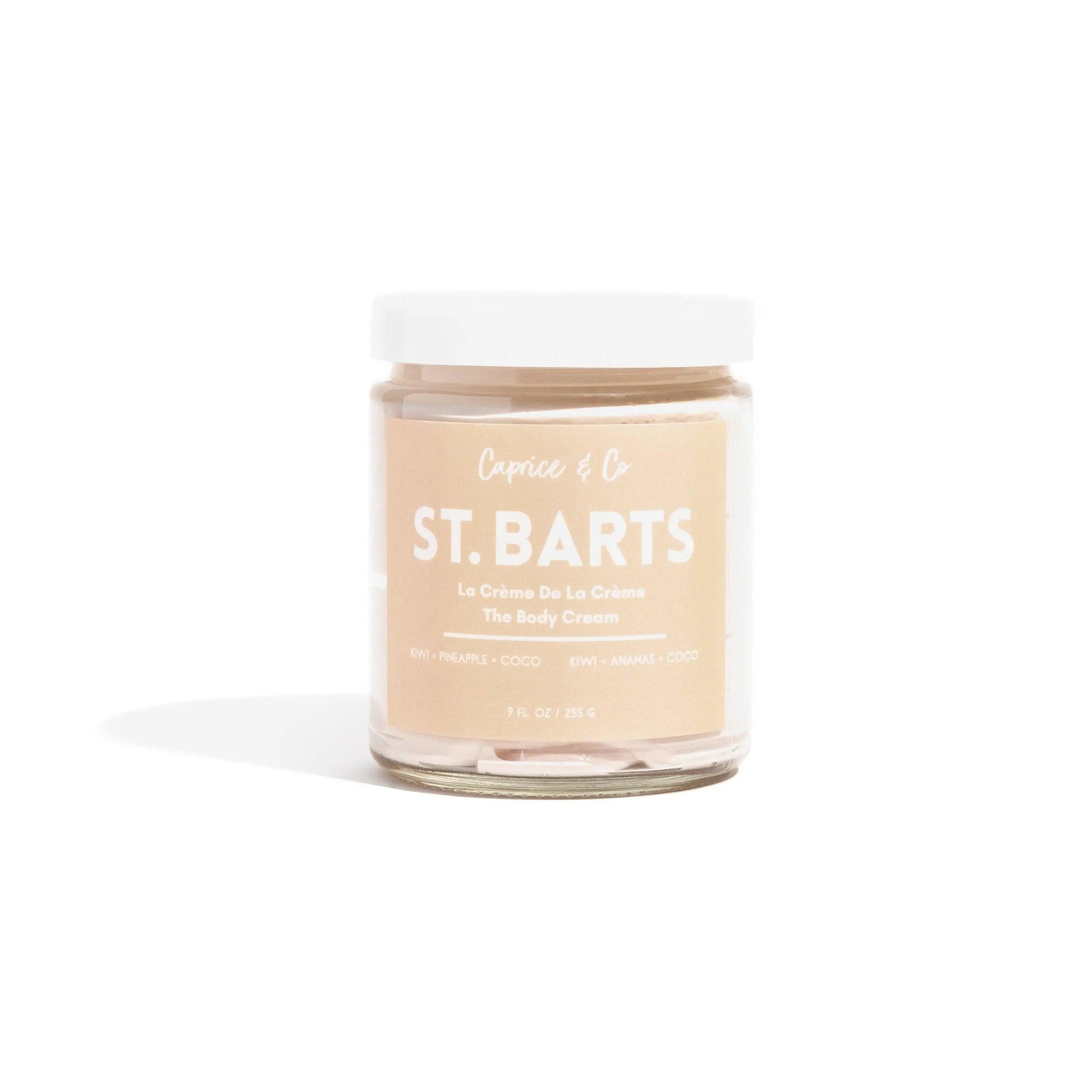 St-Barts body cream in recyclable glass jar, featuring kiwi, pineapple, and coconut scents for deep hydration.