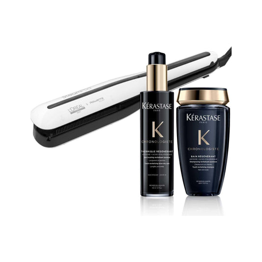 Steampod 3.0 professional steam iron and Kérastase Chronologiste hair care products for smooth, shiny styles.