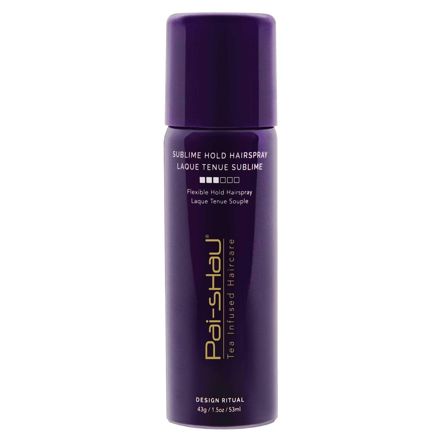 Sublime Hold Hairspray by Pai-Shau in a purple spray can, offering flexible hold and shine for styled hair.