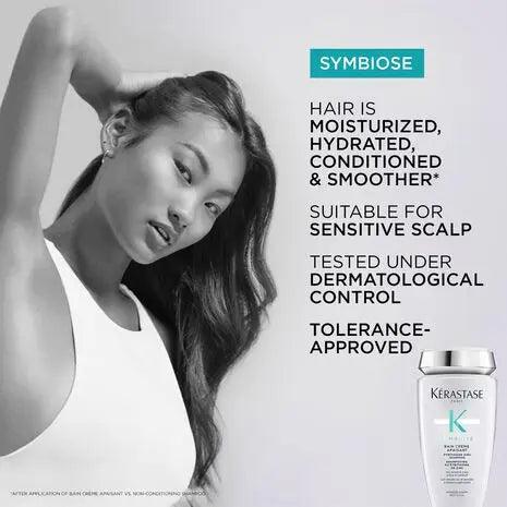 Symbiose Bain Crème Apaisant for sensitive scalp, promoting moisturized, hydrated, and smoother hair.