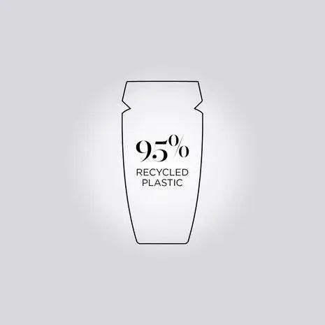 Illustration of a shampoo bottle made from 95% recycled plastic, promoting eco-friendly packaging.
