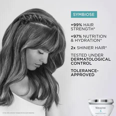 Symbiose hair mask by Kerastase showcasing hair strength and hydration benefits with product details and a woman with beautiful hair.